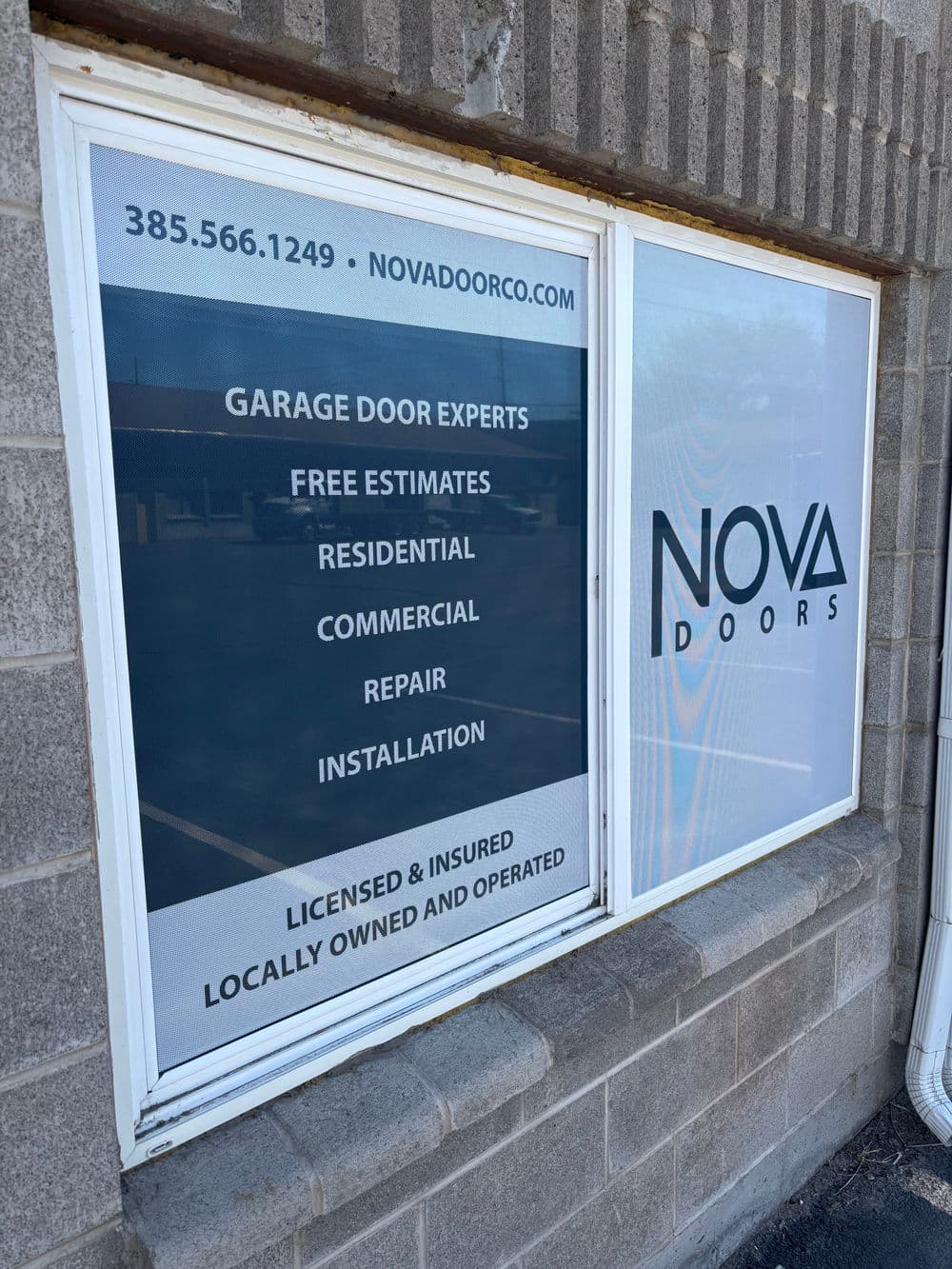 Nova Doors storefront featuring garage door services, free estimates, and installations.